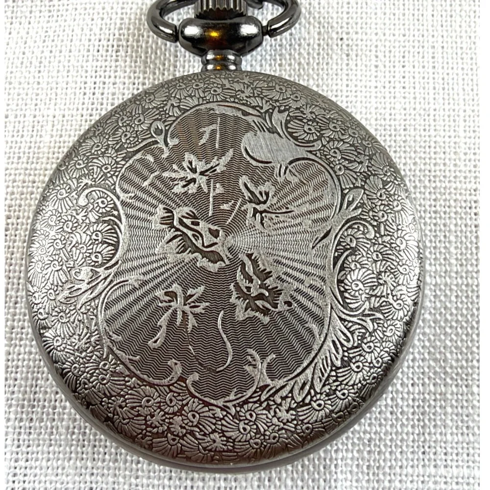 Gunmetal Filigree Skeleton Pocket Watch Vintage Ornate Engraved Case Steampunk